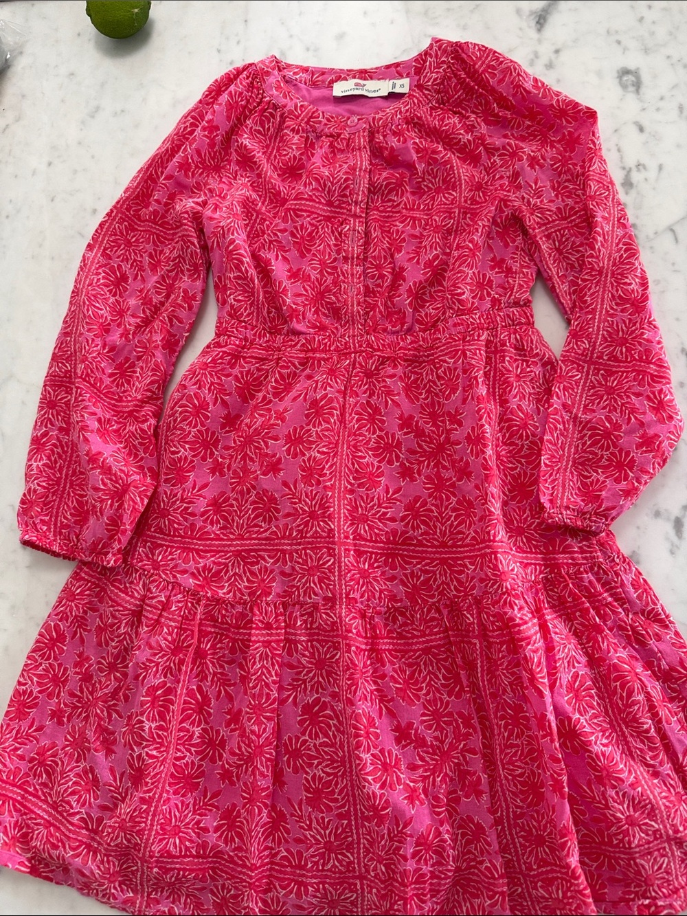 Vineyard Vines Hot Pink Floral Velvet Long-Sleeve Dress